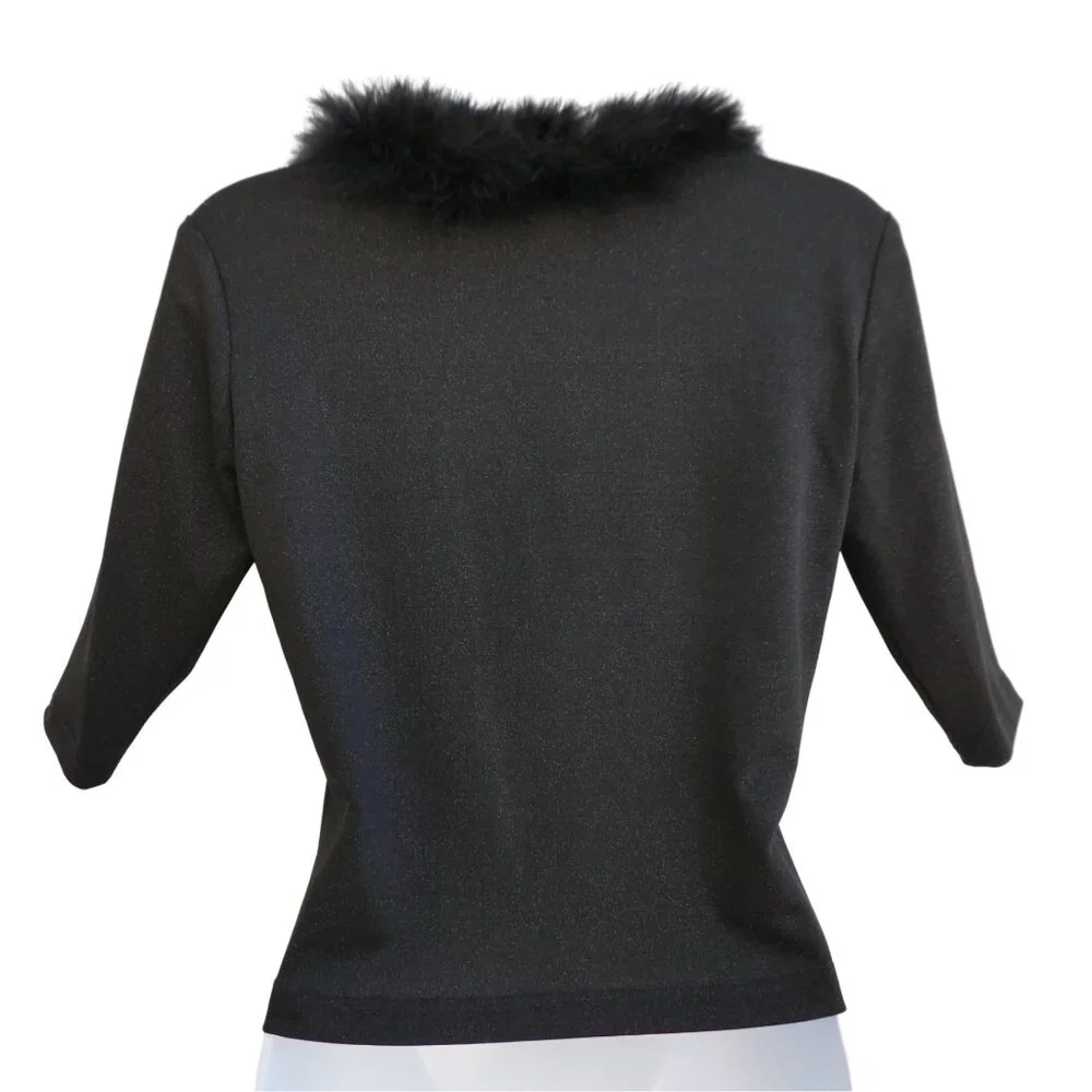 Vintage Via 101 Charcoal Cardigan Feather Boa V-Neck Trim Metallic Stretch USA M